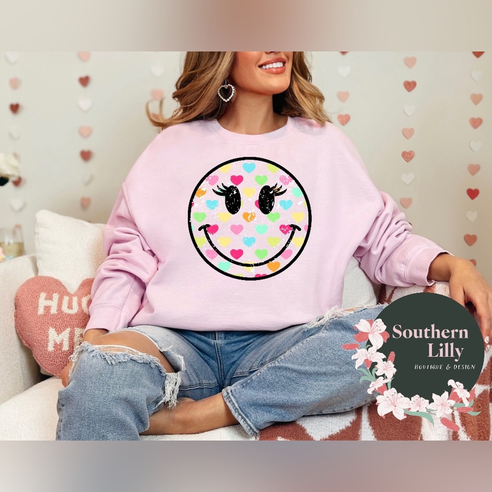 Gildan Preppy Heart Smiley Face Sweatshirt